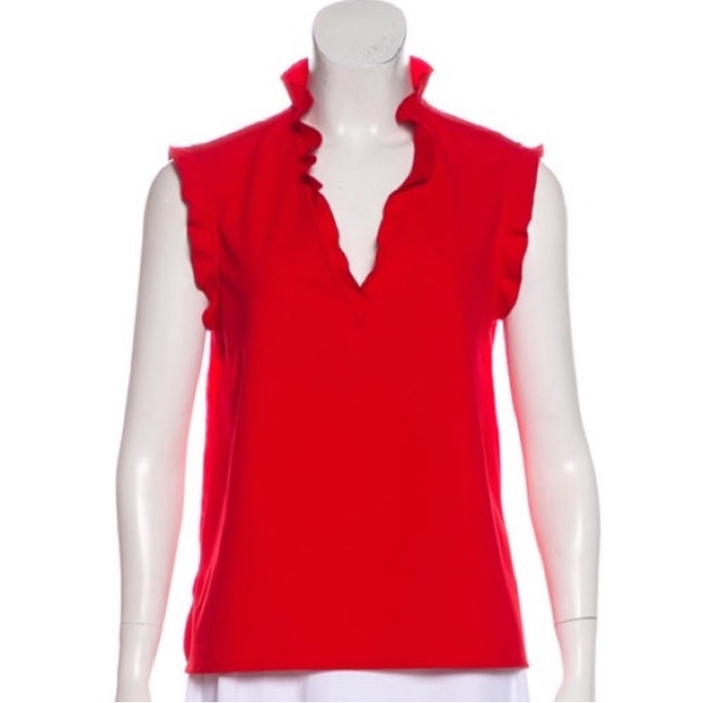 Maje ruffled vneck sleeveless blouse happy classic holiday red